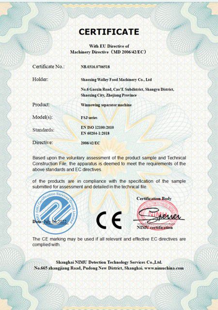 Winnowing Separator-CE Certificate